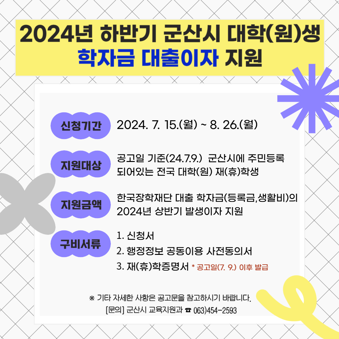 2024년 하반기 군산시 대학(원)생 학자금 대출이자 지원 신청기간 : 2024. 7. 15.(월) ~ 8. 26.(월) 지원대상 : 공고일 기준(24.7.9.) 군산시에 주민등록 되어있는 전국 대학(원) 재(휴)학생 지원금액 : 한국장학재단 대출 학자금(등록금,생활비)의 2024년 상반기 발생이자 지원 구비서류 : 1. 신청서 2. 행정정보 공동이용 사전동의서 3. 재(휴)학증명서 * 공고일(7. 9.) 이후 발급 ※ 기타 자세한 사항은 공고문을 참고하시기 바랍니다. 063)454-2593 [문의] 군산시 교육지원과